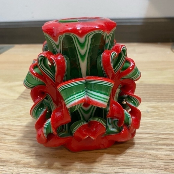 Handcrafted Carved Christmas Candle Red Green Swirl Holiday Decor - Picture 2 of 9